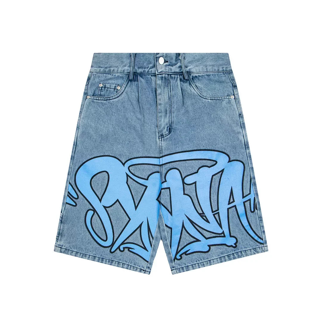 Syna world Graffiti Logo Vintage Washed Denim Jorts Shorts